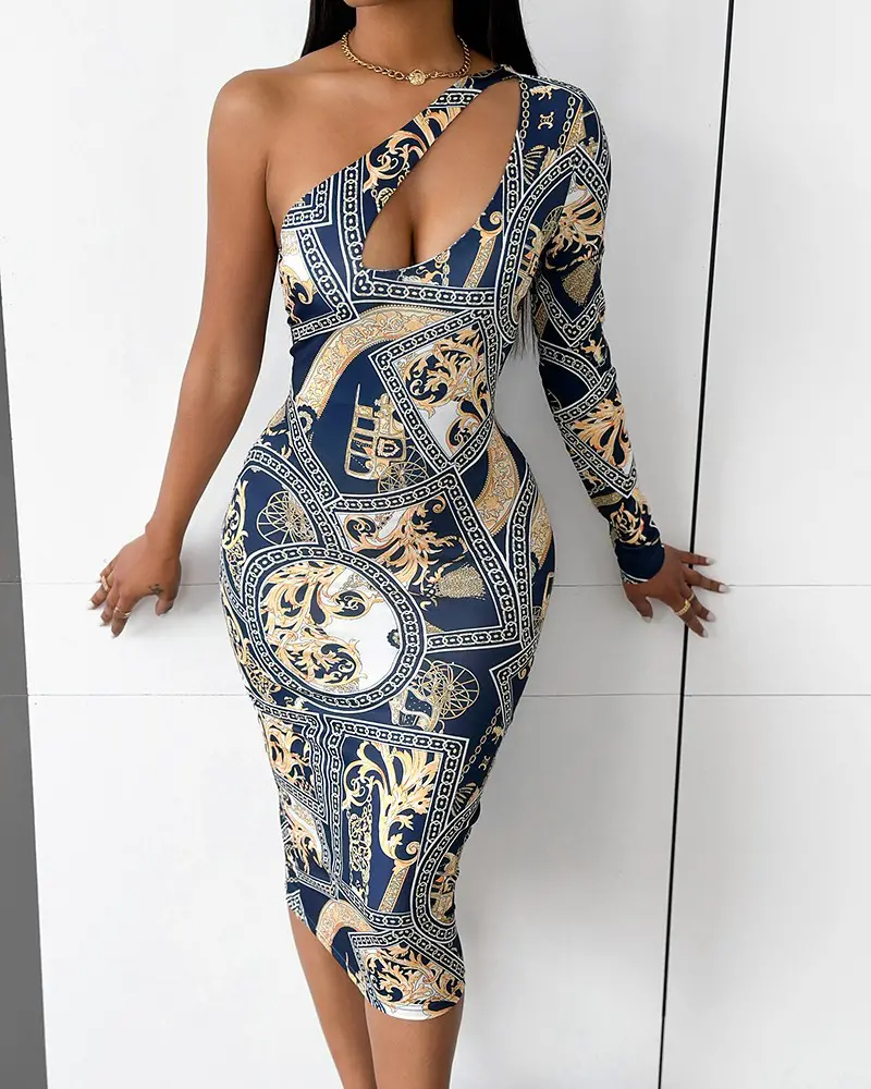 Baroque Print One Shoulder Cutout Bodycon Dress