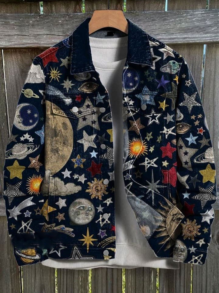 Vintage Star Pattern Art Print Casual Denim Jacket