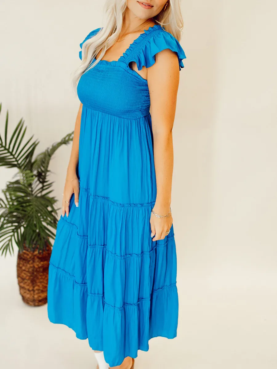 Blue pleated ruffled mid length dress