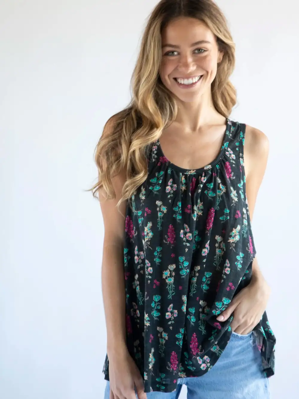 Free Spirit Cotton Tank Top - Charcoal Pink Bouquets