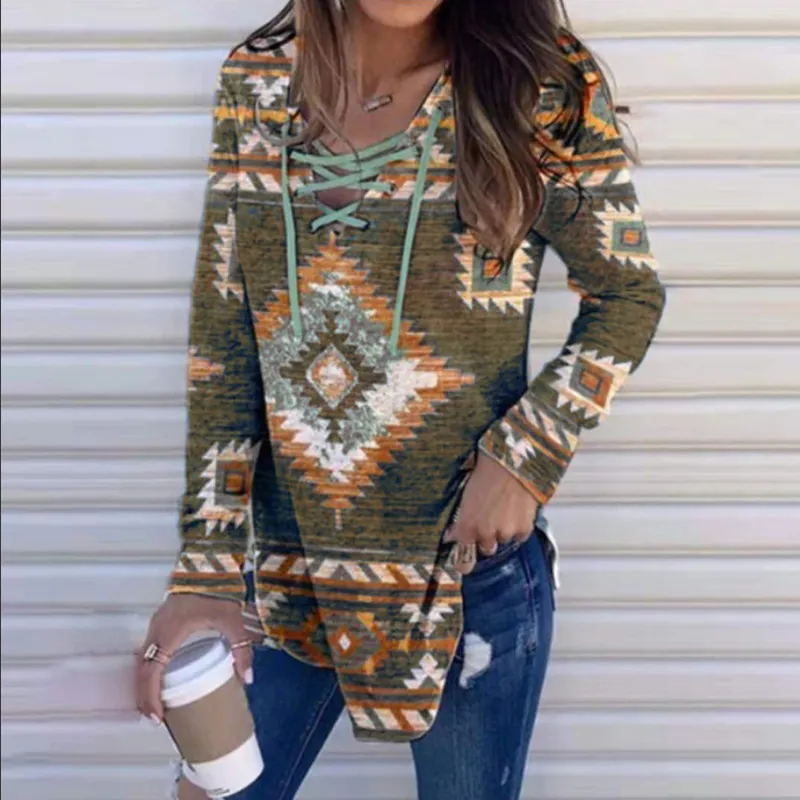 Vintage Western Print Tie Up Long Sleeve Sweatshirt