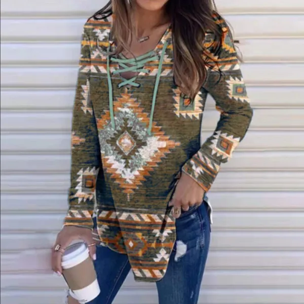 Vintage Western Print Tie Up Long Sleeve Sweatshirt