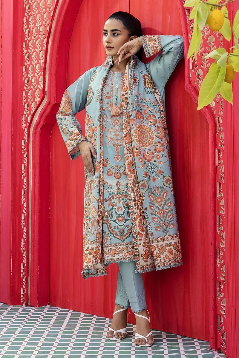 3 Piece Kurta Embroidered | Dupatta& Bottom & Tops | Color Sky blue