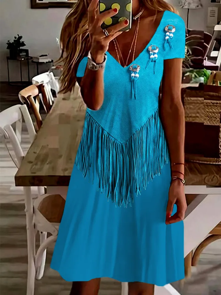 Western Vintage Leather Fringe Art V Neck Midi Dress