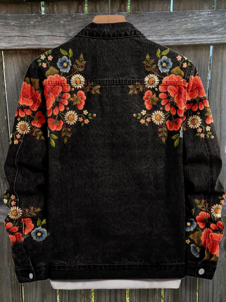 Vintage Black Flower Embroidery Art Print Casual Denim Jacket