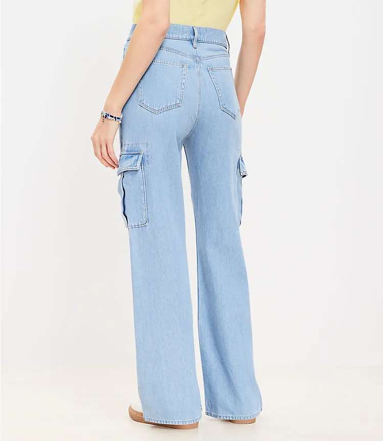 High Rise Wide Leg Cargo Jeans in Light Wash