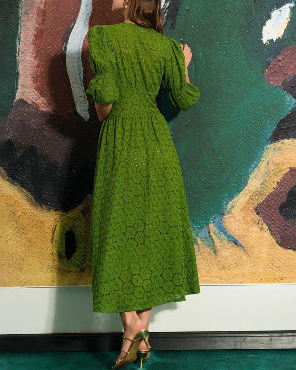 Fruit green retro print dress