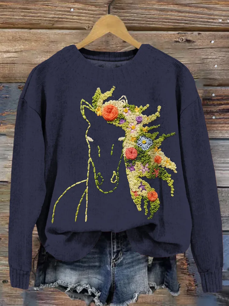 Floral Horse Embroidery Pattern Cozy Knit Sweater