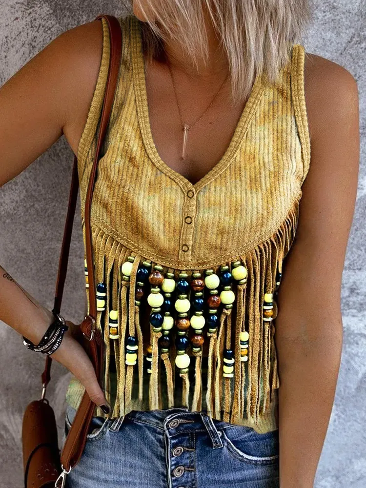 Western Beaded Tassels Button Up Tank Top