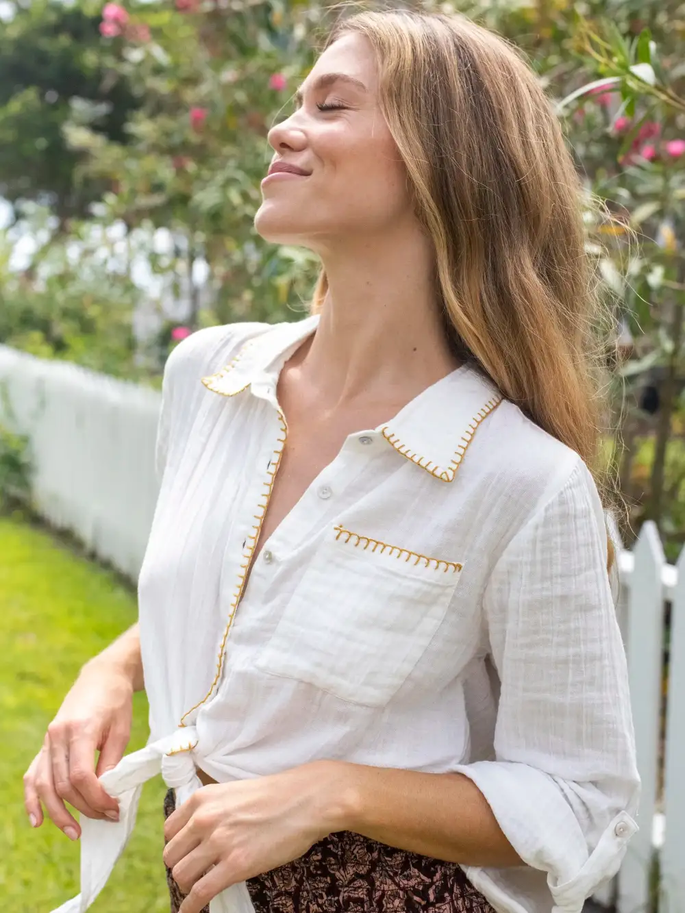 Lola Tie Cotton Button Down - White